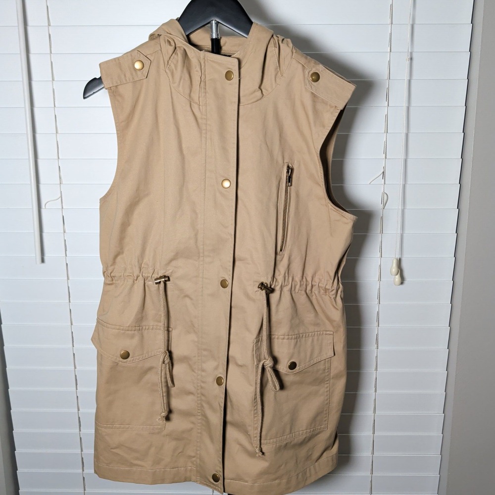 Zenana Outfitters Utility Vest Womens Medium Tan Cotton Hooded Anorak Safari Exc